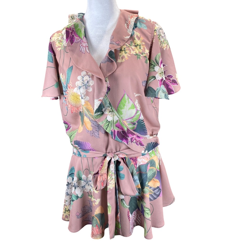 City Chic‎ Women Plus Size M/18 Floral Ruffle V-Neck Tie Waist Peplum Top Pink